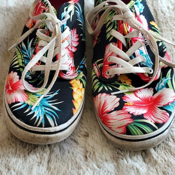 Vans Sneakers Shoes Hawaiian Tropical Black Floral Print Women Size 7.5 Lace Up