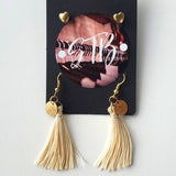 Boutique Two Pair Gold Tone Heart Studs and Dangle Beige Tassel Earrings