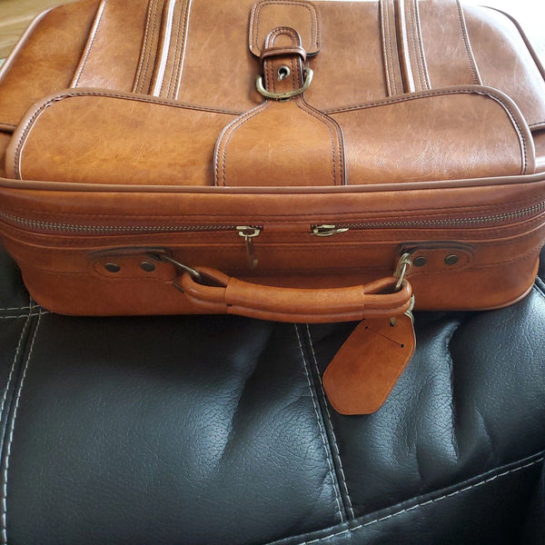 Vtg Brown MCM 1960s Leather Cowhide Travel Shell Luggage Suitcase Front Pocket