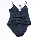 NWT Nicole Miller Black Control Top Ruching Peak Openings Swimsuit One Piece Size M