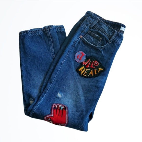 Zara Trafaluc Wild Heart Patch Embellished Distressed Blue Jeans Size 4