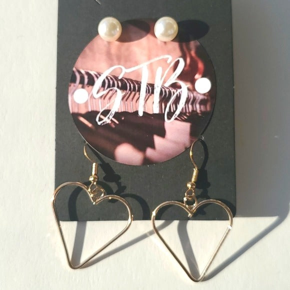 Boutique Two Pair Faux Pearl Studs and Dangle Gold Tone Heart Earrings