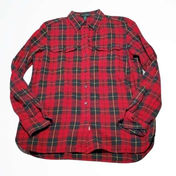 Lauren Ralph Lauren Plaid Red Flannel Print Top Size S