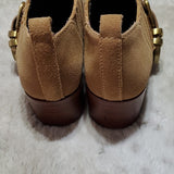 BCBGeneration Tan Beige Leather Heeled Booties w Gold Tone Detals Size 6M