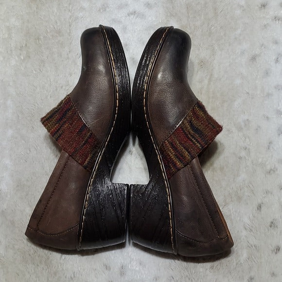 Born BOC Brown Leather Mules With Cloth Upper Detailing Heeled Size 11M