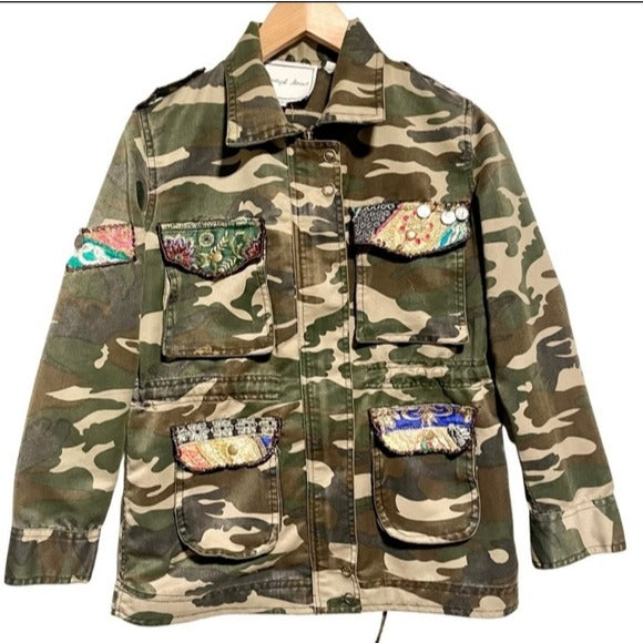 Beautiful Stories Embellished Patch Mixed Media Camoflague Utility Jacket Size S