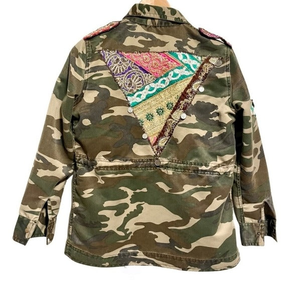 Beautiful Stories Embellished Patch Mixed Media Camoflague Utility Jacket Size S