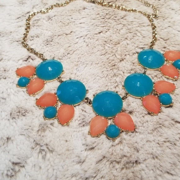 Aqua and Coral Pink Accented Gold Necklace