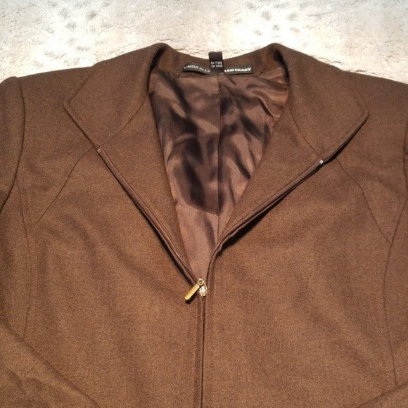 Linda Allard Brown Wool Blend Long Zipup Blazer Size 8