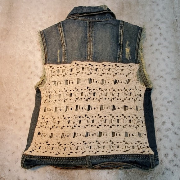 Free People Distressed Jean Crochet Vest Size S