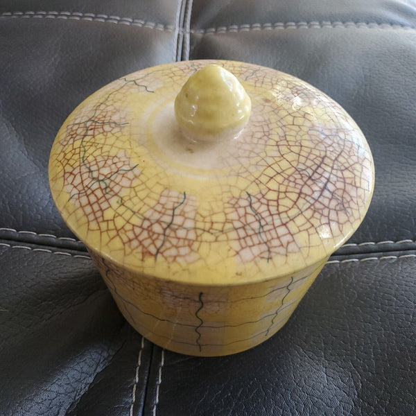 Vintage Japanese Yellow Ice Crack and Lattice Lidded Canister Bowl 5 x 4 Inches