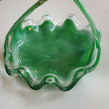 Vintage Green Depression Glass Unique Curved Swirl Candy Dish w/Handle 8 x 7 x 6