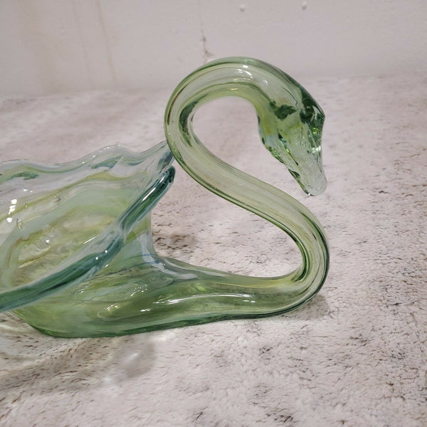 1960's Arklahoma Sooner Art Glass Hand Blown Swan Mint Chocolate Swirl