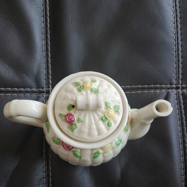 Vintage Japanese White Banboo Looking Floral Embellished Tea Pot 5 x 6 Inches