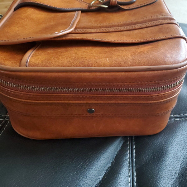 Vtg Brown MCM 1960s Leather Cowhide Travel Shell Luggage Suitcase Front Pocket