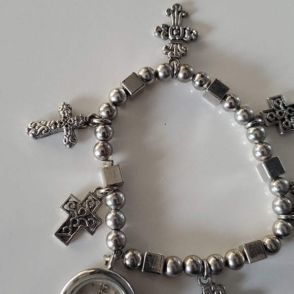 Boutique Silver Tone Charm Bracelet w Crossses and Watch Face