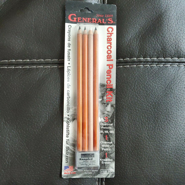 General's Charcoal Drawing Set, White/Black, Set of 4 Pencils and 1 Eraser NWT