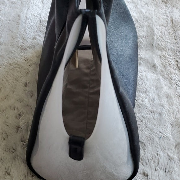 Furla Black Leather and White Soft Neoprene Large Shoulder Bag Purse Tote