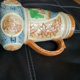 Large “K” glazed, hand painted 10.5” pitcher w/raised designs, 6.5" wide, Japan