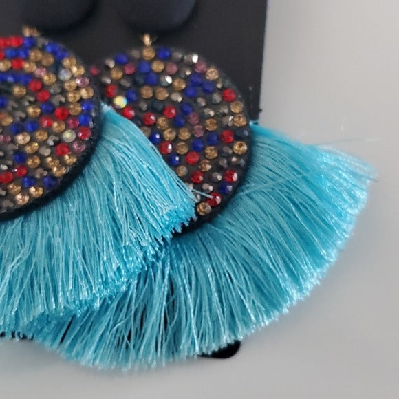 Boutique Light Blue and Multi Color Accent Large Fringe Earrings