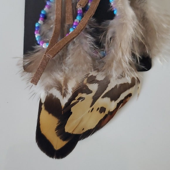 Boutique Dangle Embellished Earrings Feather Beads and Leather Strip