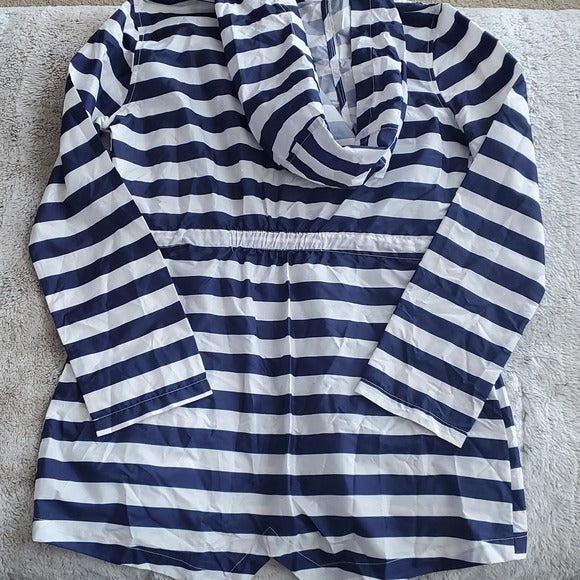 ASOS Petite Navy and White Horrizontal Striped Hooded Longer Windbreaker Size 8P