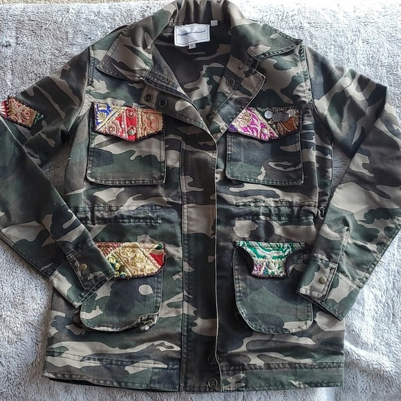 Beautiful Stories Embellished Patch Mixed Media Camoflague Utility Jacket Size S