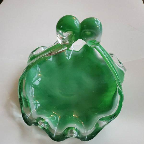 Vintage Green Depression Glass Unique Curved Swirl Candy Dish w/Handle 8 x 7 x 6