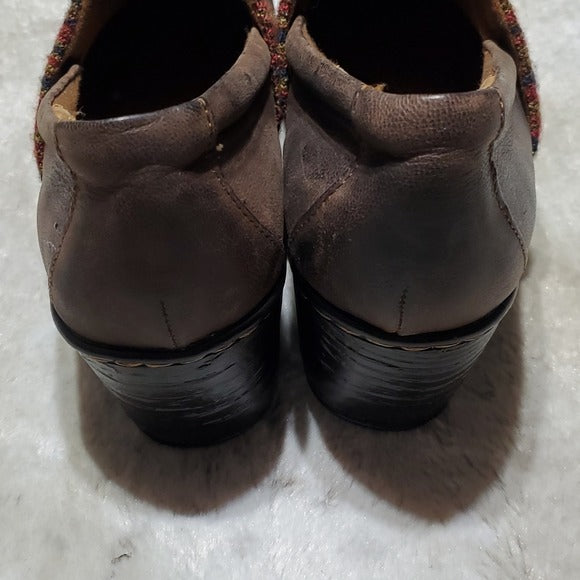 Born BOC Brown Leather Mules With Cloth Upper Detailing Heeled Size 11M