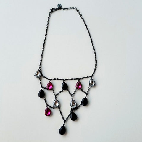 Boutique Black Linked Necklace w Faux Stones Black Clear and Pink