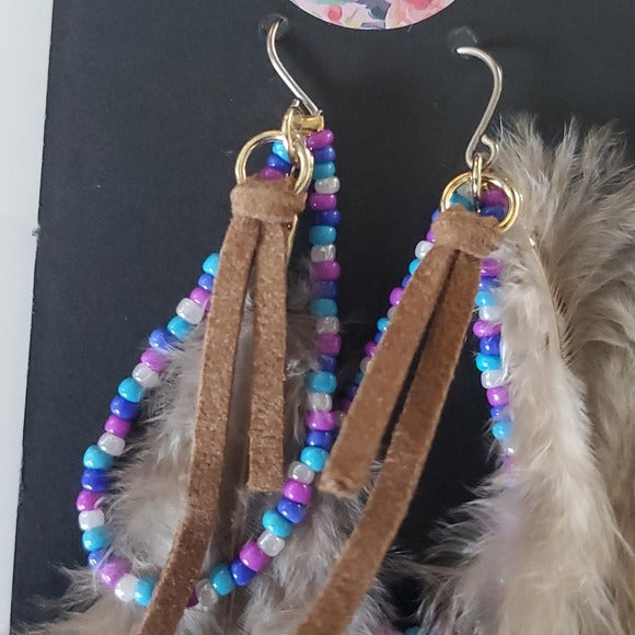 Boutique Dangle Embellished Earrings Feather Beads and Leather Strip