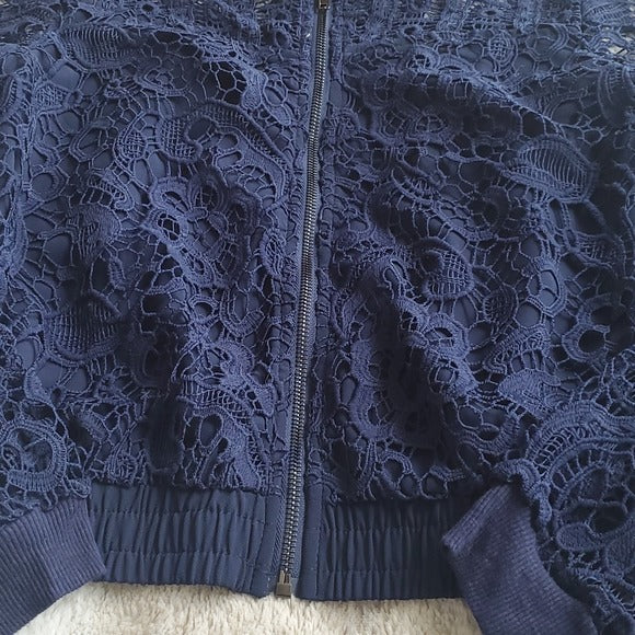 Miss Me Dark Navy Crochet Full Zip Front Lined Bomber Jacket Size M NWT