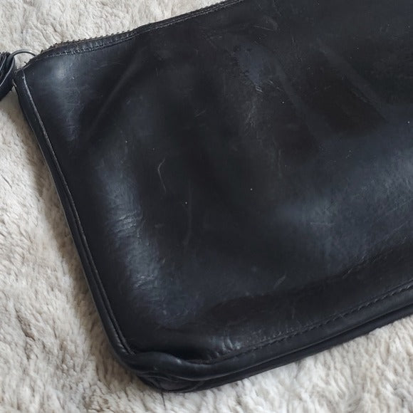 Vintage Coach Portfolio Carriage Clutch Black Leather Larger w Leather Pull