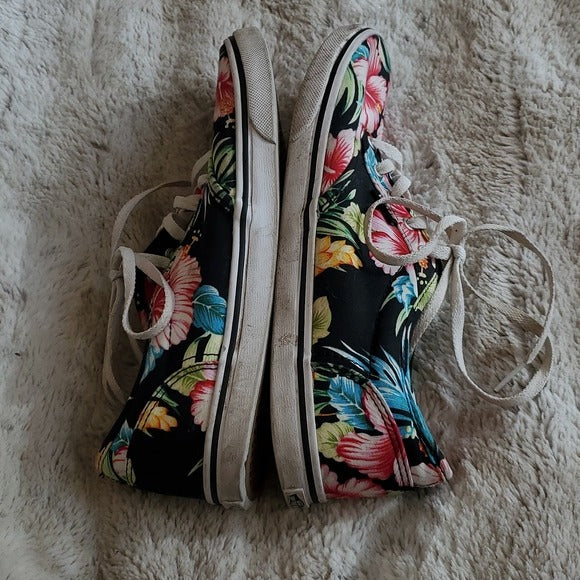 Vans Sneakers Shoes Hawaiian Tropical Black Floral Print Women Size 7.5 Lace Up