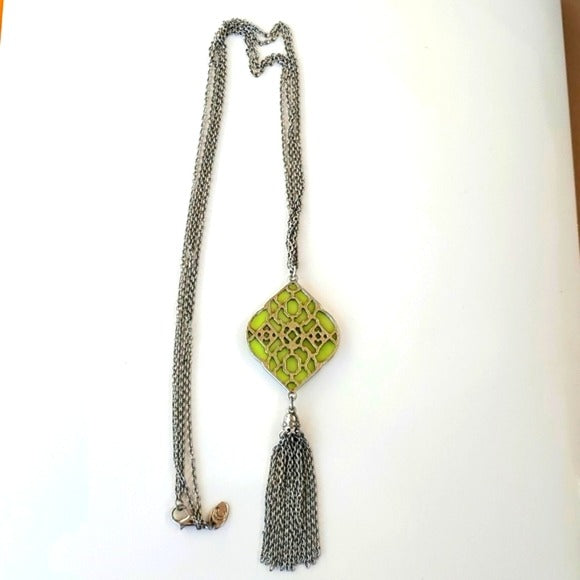 Candies Silver Tone Multi Strand Necklace q Green Filigree Pendant