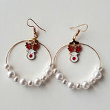 Vintage Boutique Gold Tone and Faux Pearl Roudolph Reindeer Christmas Hoops