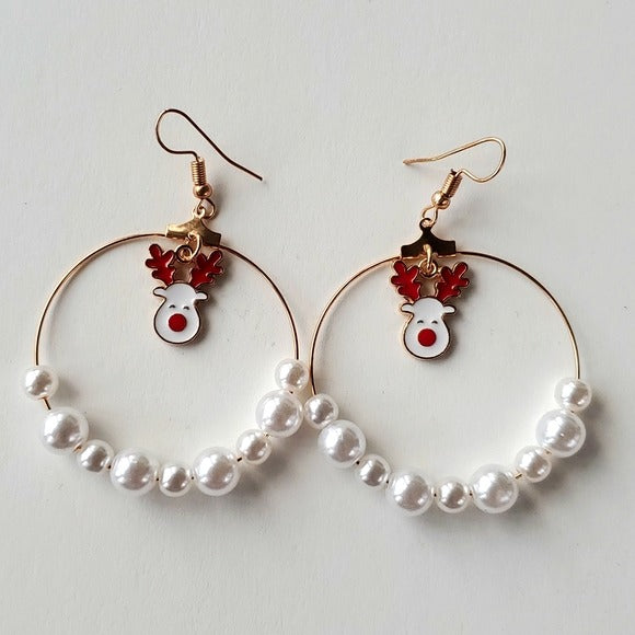 Vintage Boutique Gold Tone and Faux Pearl Roudolph Reindeer Christmas Hoops