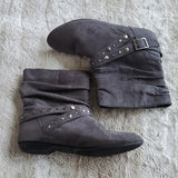 Chinese Laundry Dark Grey Flat Ankle Booties Strap and Rivet Detailing Size 7.5