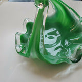 Vintage Green Depression Glass Unique Curved Swirl Candy Dish w/Handle 8 x 7 x 6