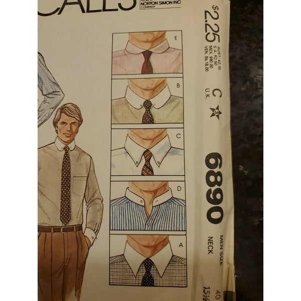 6890 McCall's Pattern FF Size 40 Neck 15 1/2 Men's Shirt