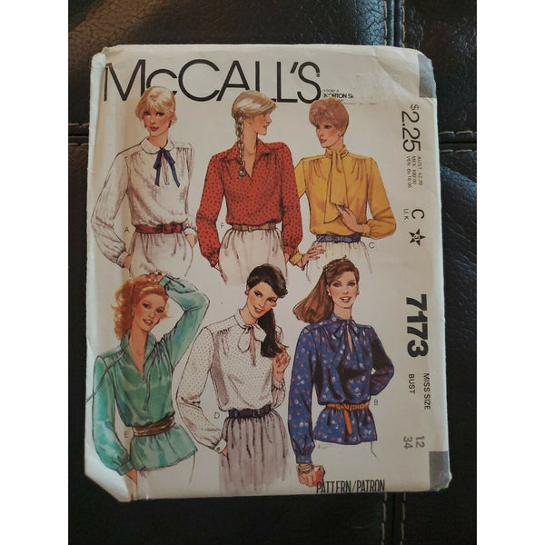 McCall's Pattern 7173 Miss Size 12 Bust 34 Pullover Blouses