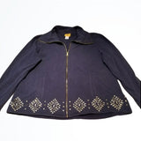 Ruby Rd. Dark Blue Zipup Embellished Sweatshirt Size L