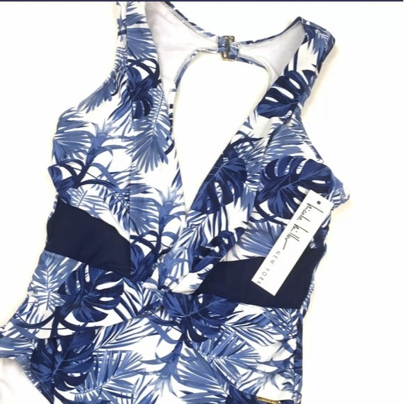 NWT Nicole Miller Blue Leaf Mesh Insert One Piece Swim