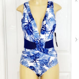 NWT Nicole Miller Blue Leaf Mesh Insert One Piece Swim