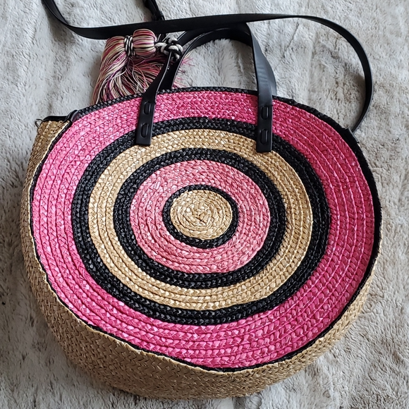 Rebecca Minkoff Pink and Beige Wicker Concentric Circle Tote Hand Bag